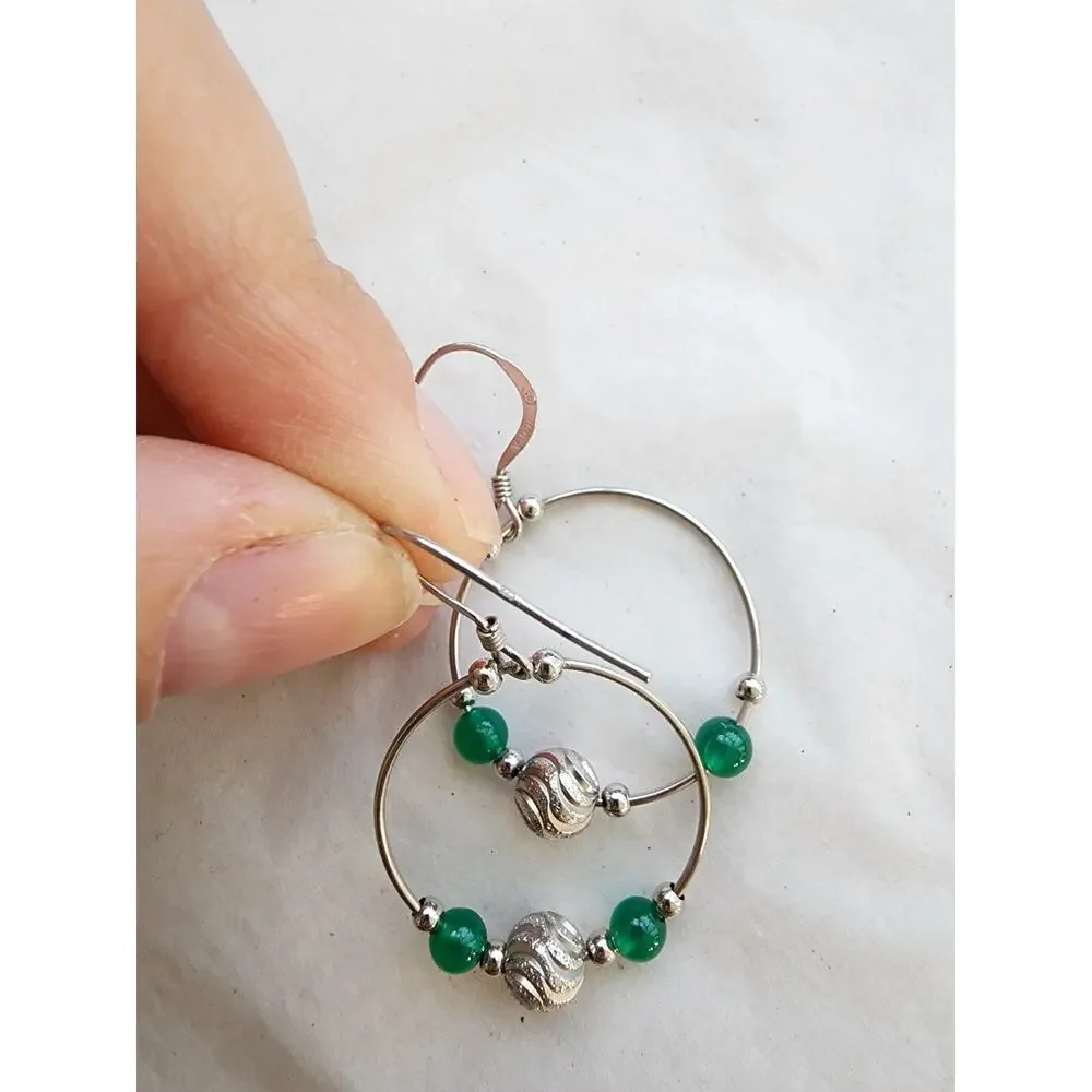 Solid 925 Sterling Silver Fine‎ Jewelry Round Hoop Earrings green Aventurine new